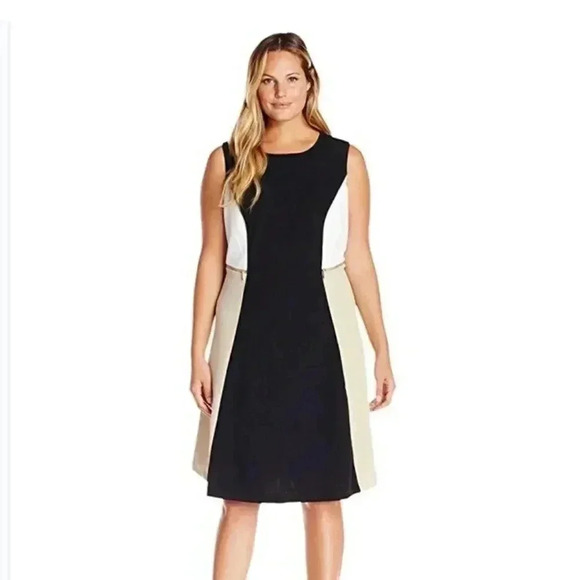Color Block Dress Tan Black and White 
17 Pit to Pit
14’ Waist 
About 38 length - Picture 1 of 9